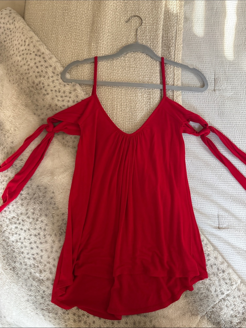 Free People Red Cold-Shoulder Tie-Sleeve V-Neck Top